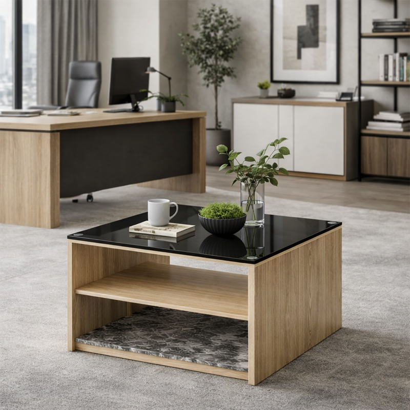 Table basse AXIS – Plateau verre & rangement – Image 1